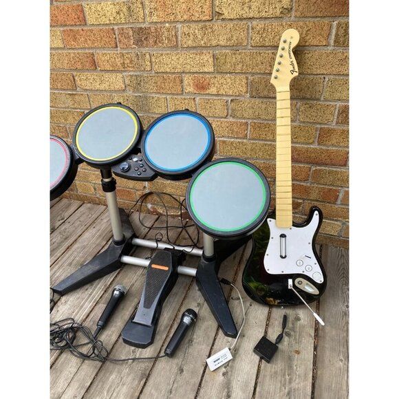 Rock Band Bundle PS3 Console, Wired Drums, Fender Stratocaster W/ Dongle, 2X Mic - Picture 3 of 14